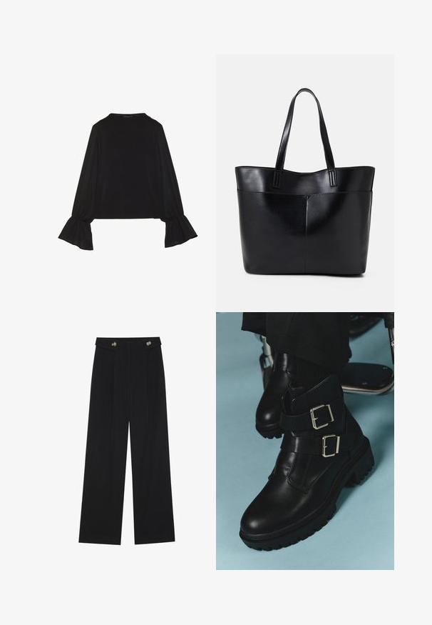 Svart langermet topp med utsvingte mansjetter, myk tekstur og avslappet passform, med enkel rund hals.; Svart vide bukser med høy midje, knappdetaljer på midjebåndet og frontplisser.; Svarte skinnankelsko med to justerbare stroppespenn, teksturert såle og rund tå. Designet for holdbarhet og stabilitet.; Svart lær toteveske med to lange håndtak, en glatt tekstur og en strukturert form. Har en frontlomme for ekstra oppbevaring.