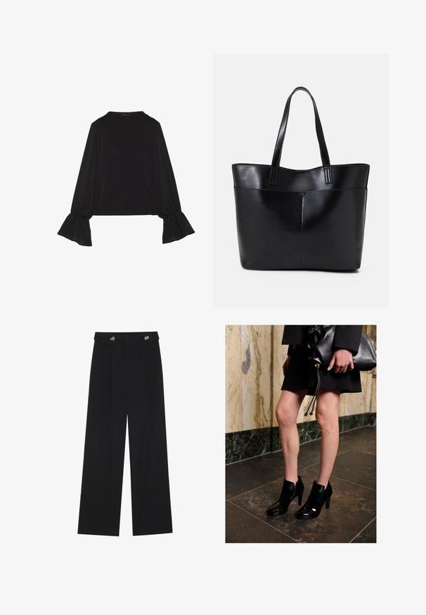 Top noir à manches longues avec des poignets évasés, texture douce et coupe décontractée, doté d'un col rond simple.; Pantalons larges noirs à taille haute, avec des détails de boutons à la taille et des plis sur le devant.; Femme portant des bottines noires et une jupe noire, tenant une grande pochette en cuir noir, se tenant sur un sol carrelé sombre près d'un mur en marbre.; Sac fourre-tout en cuir noir avec deux longues poignées, une texture lisse et une forme structurée. Dispose d'une poche avant pour un rangement supplémentaire.