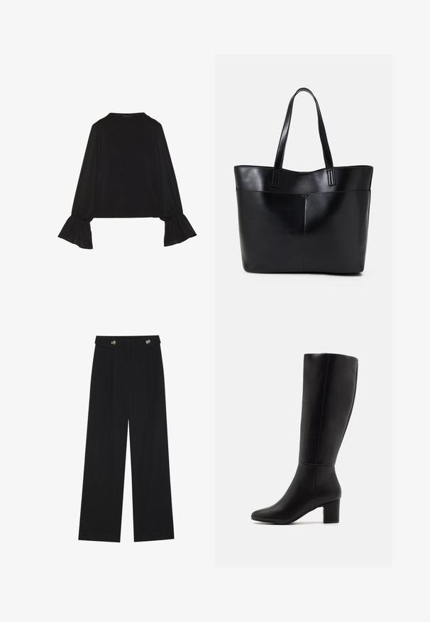 Črn dolg rokav vrh z razširjenimi manšetami, mehko teksturo in sproščenim krojem, z preprostim okroglim izrezom.; Črne široke hlače s visokim pasom, gumbnimi detajli na pasu in sprednjimi gubami.; Anna Field Škornji - black; Črna usnjena torba z dvema dolgima ročajema, gladko teksturo in strukturirano obliko. Ima sprednji žep za dodatno shranjevanje.