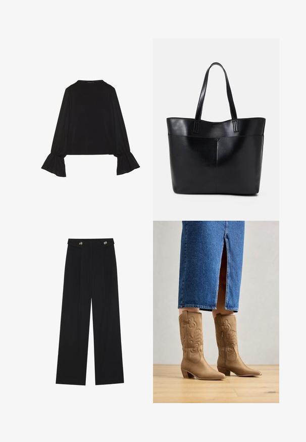 Juoda ilgomis rankovėmis palaidinė su išsiplėtusiais rankogaliais, minkšta tekstūra ir laisva forma, su paprastu apvaliu kaklu.; Juodi plačios kojos kelnės su aukštu liemeniu, sagų detalėmis ant liemens ir priekinėmis raukšlėmis.; Rudos vakarietiško stiliaus botai su dekoratyviniu siuvinėjimu, smailiu nosiu ir sluoksniuotu kulnu. Dėvimi su iki kelių siekiančia džinsine sijona, atidengiančiu batus.; Juoda odinė rankinė su dviem ilgais diržais, lygiu paviršiumi ir struktūrizuota forma. Yra priekinė kišenė papildomam saugojimui.