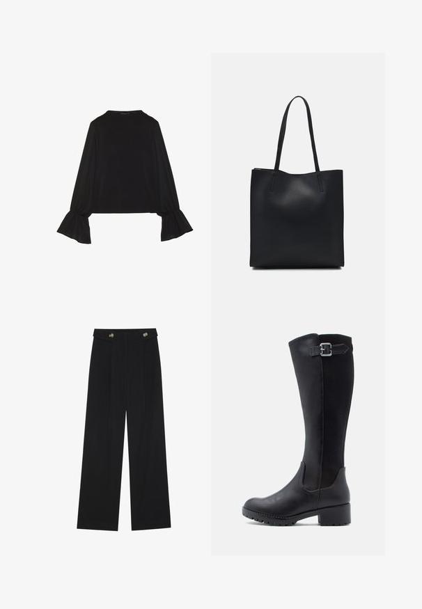 Fekete, hosszú ujjú felső, harang alakú mandzsettákkal, puha textúrával és laza szabással, egyszerű, kerek nyakkivágással.; Fekete, bő szárú nadrág magas derékkal, gombos részletekkel a derékrészen és elülső pliszékkal.; Fekete, térd fölé érő csizma sima bőrből készült elülső résszel, hálós panelekkel és alacsony blokk sarkú kialakítással, szíjjal és csattal.; Fekete bőrtáska sima felszínnel, téglalap alakú, két hosszú füllel. Nincs látható fémkiegészítő vagy díszítés.