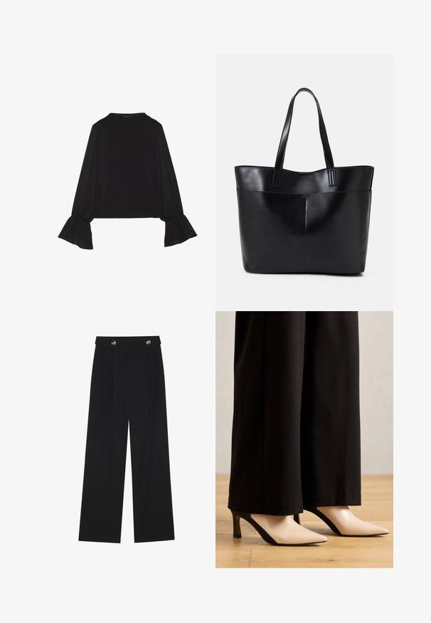 Top preto de mangas longas com punhos largos, textura suave e um corte descontraído, com um simples decote redondo.; Calças largas pretas com cintura alta, detalhes em botão na cintura e pregas frontais.; Saltos agudos em bege e preto com um design elegante, apresentando um bloco de cor contrastante e um pequeno salto resistente.; Bolsa tote preta em couro com duas alças longas, textura suave e forma estruturada. Apresenta um bolso frontal para armazenamento adicional.
