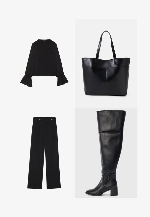 Black long-sleeve top featuring flared cuffs, soft texture, and a relaxed fit, with a simple round neckline.; Black wide-leg trousers with high waist, button details on waistband, and front pleats.; Black knee-high leather boot with block heel and decorative strap with gold buckle above the ankle, side view on white background.; Black leather tote bag with two long handles, a smooth texture, and a structured shape. Features a front pocket for additional storage.