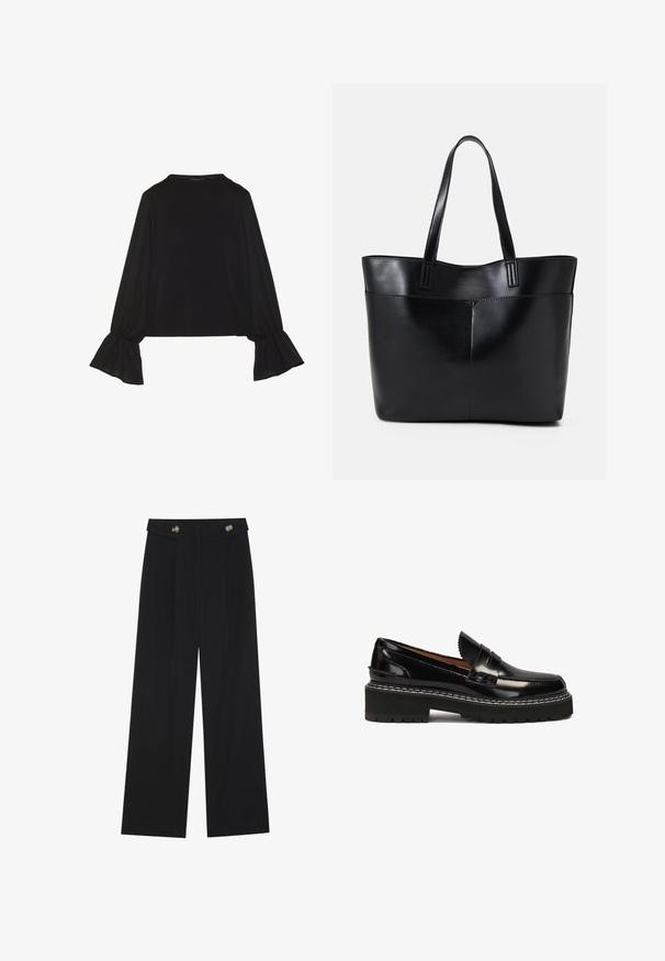 Top noir à manches longues avec des poignets évasés, texture douce et coupe décontractée, doté d'un col rond simple.; Pantalons larges noirs à taille haute, avec des détails de boutons à la taille et des plis sur le devant.; Mocassins en cuir verni noir avec une semelle en caoutchouc noir épaisse, accentuées par des coutures blanches et une sangle décorative à l'avant.; Sac fourre-tout en cuir noir avec deux longues poignées, une texture lisse et une forme structurée. Dispose d'une poche avant pour un rangement supplémentaire.