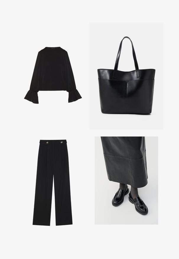 Zwarte langemouwen top met uitlopende manchetten, een zachte textuur en een relaxed fit, met een eenvoudige ronde halslijn.; Zwarte wijde broek met hoge taille, knoopdetails op de tailleband en plooien aan de voorkant.; Zwarte leren loafers met een gladde afwerking, voorzien van een decoratieve band, ronde neus en gestructureerde zool. Draagt met een lange zwarte leren rok.; Zwarte leren tote bag met twee lange handvatten, een zachte textuur en een gestructureerde vorm. Voorzien van een voorvak voor extra opslagruimte.