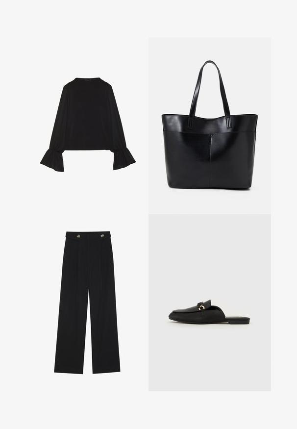 Black long-sleeve top featuring flared cuffs, soft texture, and a relaxed fit, with a simple round neckline.; Black wide-leg trousers with high waist, button details on waistband, and front pleats.; Black slip-on shoe made of smooth leather. Features a rounded toe, a decorative woven strap, and a small gold accent. Flat sole.; Black leather tote bag with two long handles, a smooth texture, and a structured shape. Features a front pocket for additional storage.