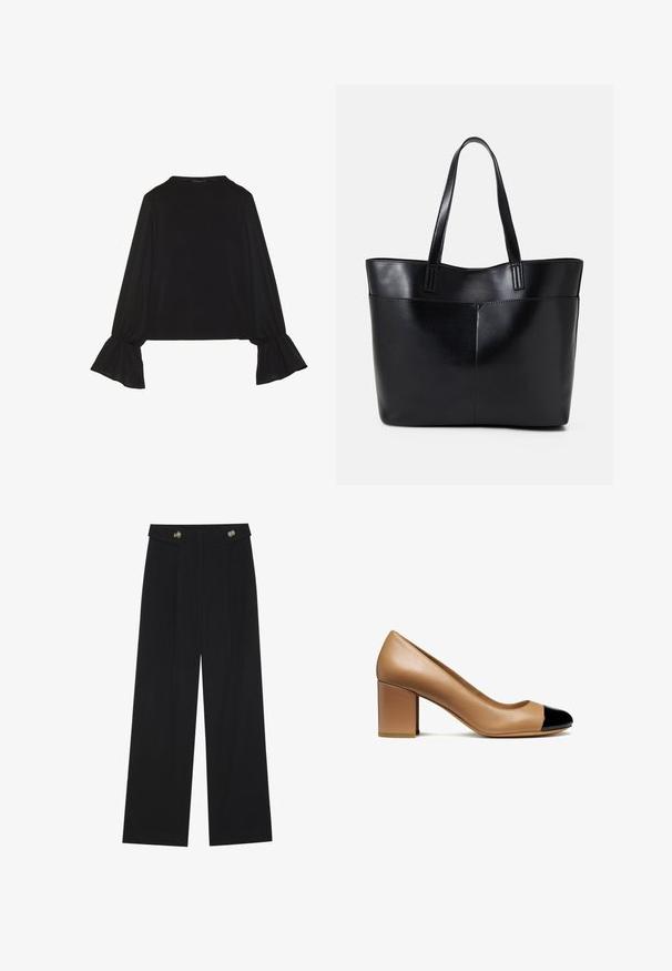 Svart langermet topp med utsvingte mansjetter, myk tekstur og avslappet passform, med enkel rund hals.; Svart vide bukser med høy midje, knappdetaljer på midjebåndet og frontplisser.; Beige lærpump med rund tå og en sort patentforing, med blokhæl og glat tekstur.; Svart lær toteveske med to lange håndtak, en glatt tekstur og en strukturert form. Har en frontlomme for ekstra oppbevaring.