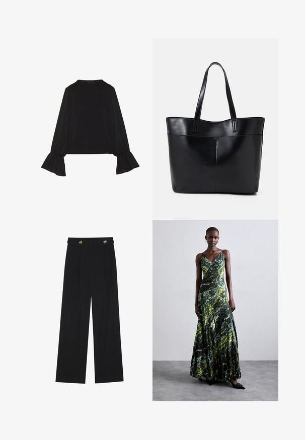 Black long-sleeve top featuring flared cuffs, soft texture, and a relaxed fit, with a simple round neckline.; Black wide-leg trousers with high waist, button details on waistband, and front pleats.; Maxi dress in green and black marbled design, made of lightweight fabric. Features a V-neck, thin spaghetti straps, and a flowy silhouette.; Black leather tote bag with two long handles, a smooth texture, and a structured shape. Features a front pocket for additional storage.