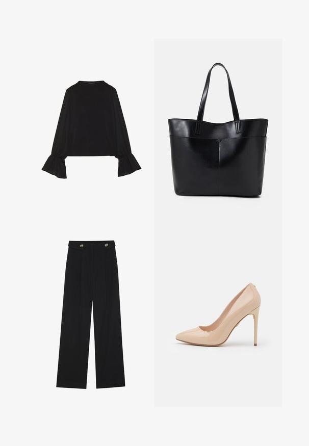 Černý top s dlouhými rukávy, který má rozšířené manžety, jemnou texturu a volný střih, s jednoduchým kulatým výstřihem.; Černé široké kalhoty s vysokým pasem, detailní knoflíky na pase a přední záhyby.; Beige lakovaná kožená dámská lodička s špičatou špičkou, hladkým povrchem a 10 cm vysokým jehlovým podpatkem. Bezešvý design bez viditelné mechaniky.; Černá kožená taška s dlouhými ušima, hladkým povrchem a strukturovaným tvarem. Obsahuje přední kapsu pro další úložný prostor.