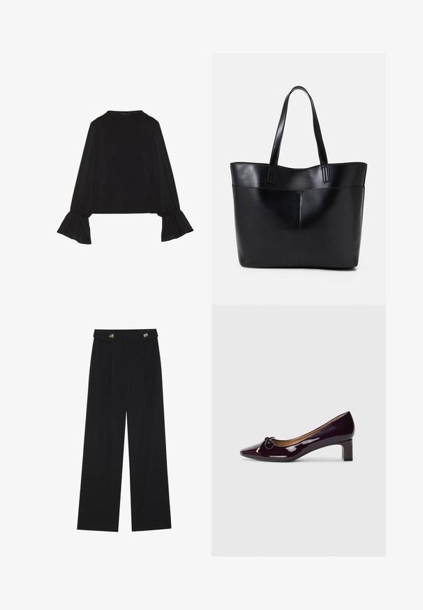 Čierny top s dlhými rukávmi, flitrovanými manžetami, mäkkou textúrou a voľným strihom, s jednoduchým okrúhlym výstrihom.; Čierne široké nohavice s vysokým pásom, so zapínaním na gombíky na páse a prednými sklady.; Tmavofialová lodička z lesklej lakovanej kože s ihličkovou špičkou, malým blokovým podpätkom a mašličkou na nártovej časti. Hladká textúra a elegantný dizajn.; Čierna kožená tote taška s dvoma dlhými rúčkami, hladkým povrchom a štruktúrovaným tvarom. Obsahuje prednú kapsu pre dodatočné uskladnenie.