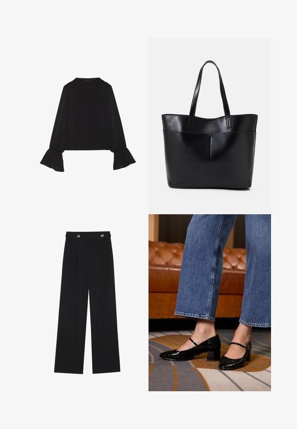 Top preto de mangas longas com punhos largos, textura suave e um corte descontraído, com um simples decote redondo.; Calças largas pretas com cintura alta, detalhes em botão na cintura e pregas frontais.; Sapatos de salto alto em verniz preto com bico fino, salto bloco e tira no tornozelo, usados com jeans de corte largo, em um tapete estampado.; Bolsa tote preta em couro com duas alças longas, textura suave e forma estruturada. Apresenta um bolso frontal para armazenamento adicional.