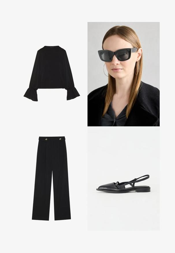 Črn dolg rokav vrh z razširjenimi manšetami, mehko teksturo in sproščenim krojem, z preprostim okroglim izrezom.; Črne široke hlače s visokim pasom, gumbnimi detajli na pasu in sprednjimi gubami.; Črne usnjene ženske čevlje z odrezanim petnim delom, s koničastim nosom, nizko peto, dizajnom z izrezom in dekorativnim krožnim zaponko.; Črne mačje očala s temnimi lečami, debelimi okvirji in subtilnimi detajli. Oblečena z črnim plaščem in sivim zgornjim delom, z dolgimi ravnimi lasmi.; Črna semiš torba z dvema dolgima, ravnima usnjenima ročajema. Ima ukrivljen zgornji rob in vidno šivanje po sprednji strani. Brez kovinskih dodatkov.
