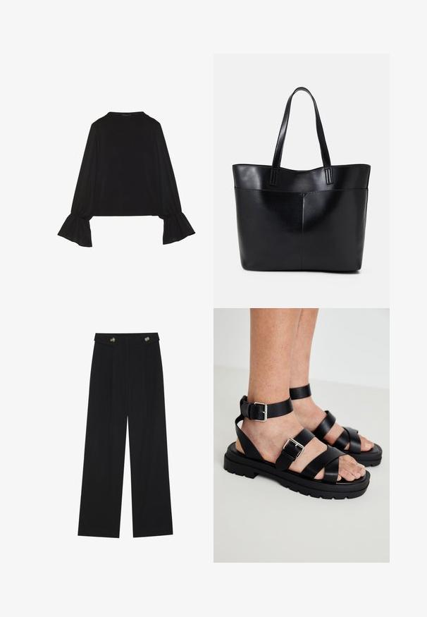 Black long-sleeve top featuring flared cuffs, soft texture, and a relaxed fit, with a simple round neckline.; Black wide-leg trousers with high waist, button details on waistband, and front pleats.; Black leather sandals with wide straps and an ankle buckle. Chunky sole with a textured finish. Open toe design for breathability.; Black leather tote bag with two long handles, a smooth texture, and a structured shape. Features a front pocket for additional storage.