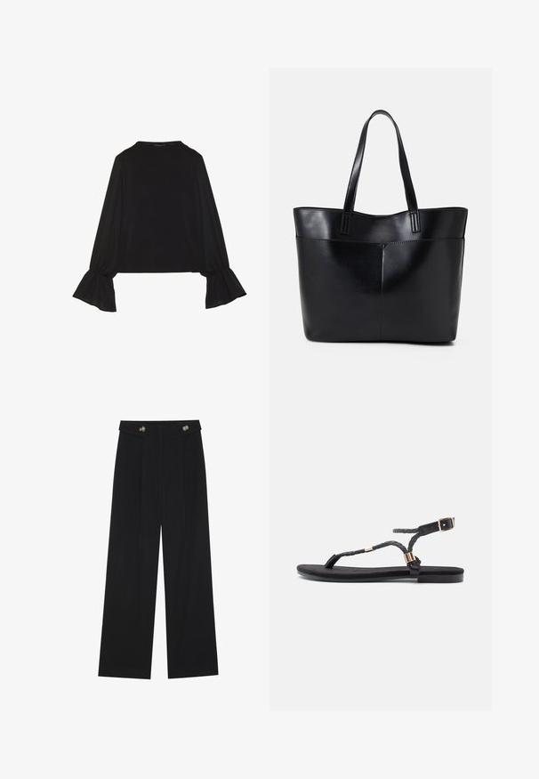 Crna majica dugih rukava s proširenim manžetama, mekanim materijalom i opuštenim krojem, s jednostavnim okruglim izrezom.; Crne hlače širokih nogavica s visokim strukom, s dugmadi na pojasu i prednjim nabora.; Crne ravne sandale s pletenim trakama i metalnim naglasakom. Imaju podesivu kopču i ravni gumeni potplat za udobnost.; Crna kožna torba s dugim ručkama, glatkom teksturom i strukturiranim oblikom. Ima prednju džep za dodatno pohranu.; Zlatne naušnice na obruče s glatkim, zaobljenim dizajnom. Imaju mali zatvarač sa šarkom, lagani su i imaju sjajnu završnu obradu.