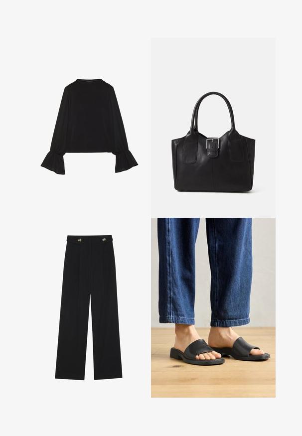 Czarny top z długim rękawem, z rozkloszowanymi mankietami, miękką fakturą i luźnym krojem, z prostym okrągłym dekoltem.; Czarne szerokie spodnie z wysokim stanem, z detalami w postaci guzików na pasku oraz plisami z przodu.; Czarne klapki wsuwane wykonane z gładkiego materiału, z odkrytymi palcami i szeroką górną taśmą, ustawione na tle ciemnych dżinsowych spodni o prostym kroju.; Czarna skórzana torba tote o gładkiej fakturze, usztywnionym kształcie, dwóch uchwytach oraz wyraźnym srebrnym zapięciu na przodzie.