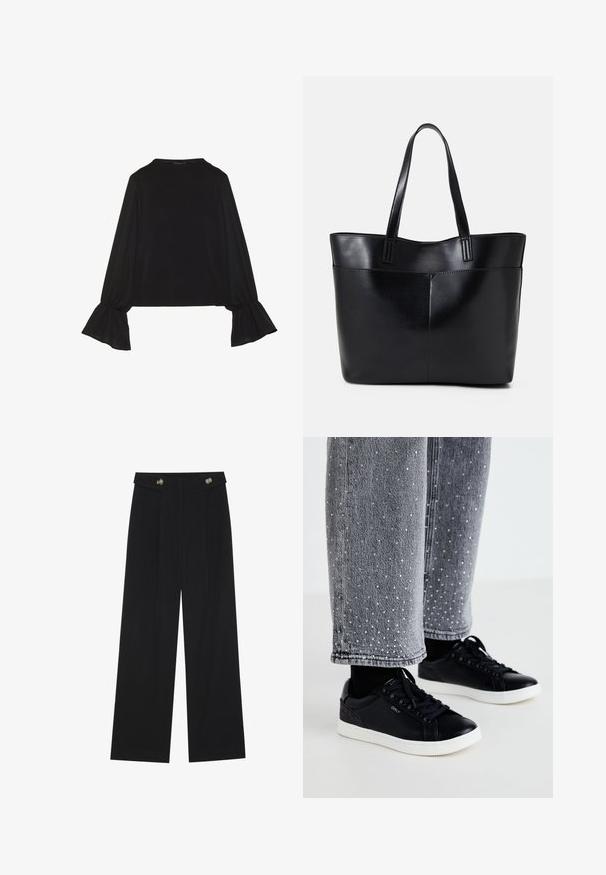 Musta pitkähihainen toppi, jossa on levenevät hihansuut, pehmeä rakenne ja rento fit, yksinkertaisella pyöreällä pääntiellä.; Mustat leveälahkeiset housut, joissa on korkea vyötärö, napit vyötärönauhassa ja etupuolella laskokset.; Mustat nahkakengät, joissa on valkoiset kumipohjat ja teksturoidut koristeet. Yhdistetty harmaan farkkujen kanssa, joissa on koristellut hopeiset pisteet.; Musta nahkainen kassi, jossa on kaksi pitkää kahvaa, sileä pinta ja jämäkkä muoto. Sisältää etutaskun lisävarastointia varten.