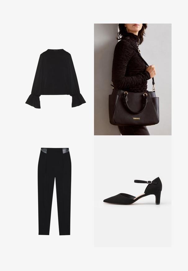 Musta pitkähihainen toppi, jossa on levenevät hihansuut, pehmeä rakenne ja rento fit, yksinkertaisella pyöreällä pääntiellä.; Musta räätälöity housut, joissa on tyylikäs muotoilu, etupuolella poimutuksia ja kiiltäviä mustia nahkaosia vyötäröllä. Pehmeä kangas.; Musta mokkanahkakengät, joissa on terävä kärki, nilkkaremmi, jossa on pyöreä solki, ja matala lohko korko. Sileä pinta ja minimalistinen muotoilu.; Musta käsilaukku, jossa on teksturoitu pinta, kaksi yläkantta ja säädettävä olkahihna. Varustettu kultasävyisillä varusteilla ja sivutaskuilla.
