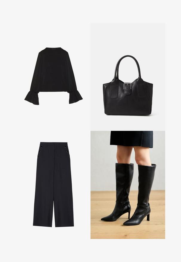 Top negru cu mânecă lungă, cu mansete evazate, textură moale și croială lejeră, având un guler rotund simplu.; Pantaloni evazați din material bleumarin închis, cu o textură netedă, pliseuri frontale și ochiuri decorative aurii pe buzunarele laterale.; Cizme negre până la genunchi cu vârf ascuțit, toc înalt, din piele netedă, cu fermoar lateral și o curea cu detalii din cataramă metalică.; Geantă tote din piele neagră cu textură netedă, formă structurată, două mânere și un detaliu proeminent din aliaj de argint pe partea din față.