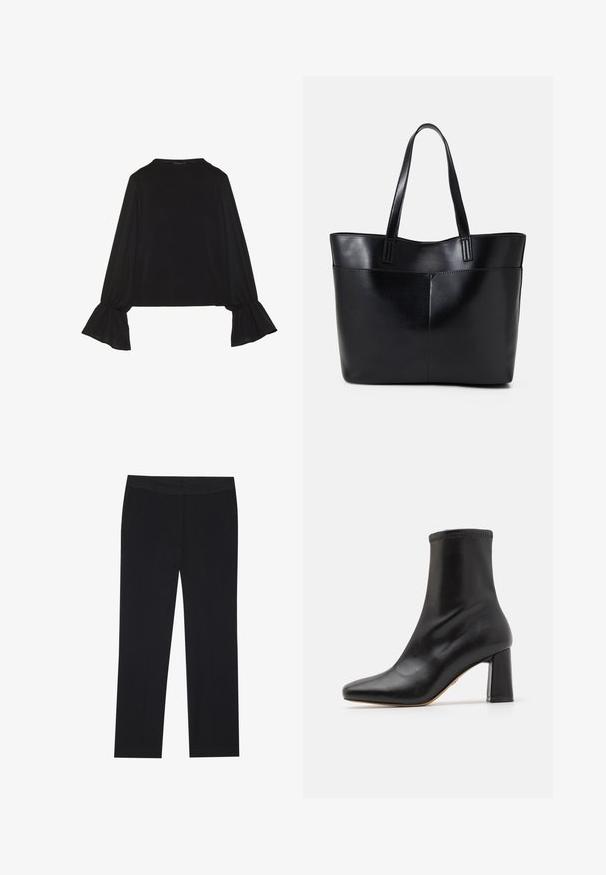 Černý top s dlouhými rukávy, který má rozšířené manžety, jemnou texturu a volný střih, s jednoduchým kulatým výstřihem.; Černé kalhoty se střihovým designem rovného nohavice, s bočními kapsami a jemnou texturou látky. Minimální detaily, čistý pas.; Černá kožená kotníková bota s hladkým povrchem, špičatou špičkou a blokovým podpatkem. Má vysoký lem a tónové švy na vrchu.; Černá kožená taška s dlouhými ušima, hladkým povrchem a strukturovaným tvarem. Obsahuje přední kapsu pro další úložný prostor.
