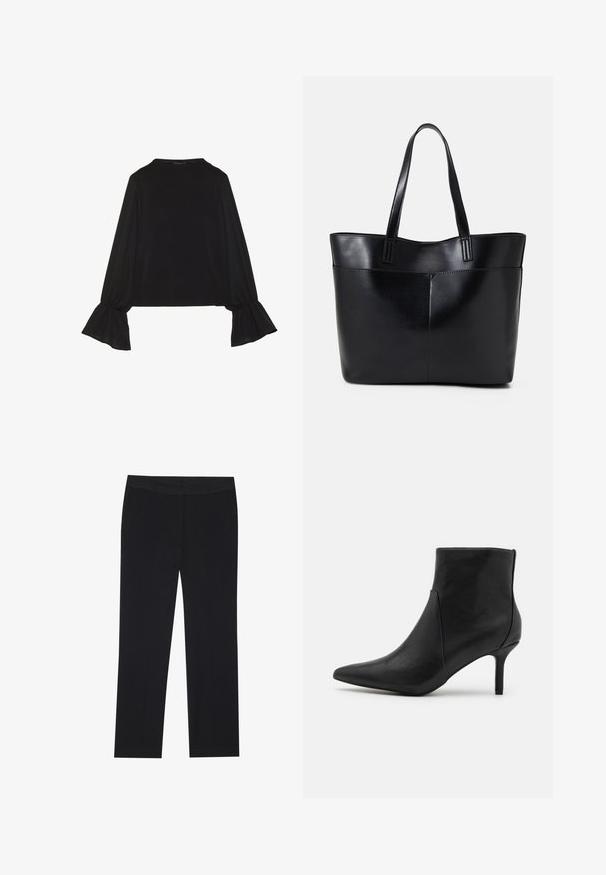 Sort langærmet top med flagrende manchetter, blød tekstur og en afslappet pasform, samt en enkel rund halsudskæring.; Sorte bukser med lige ben-design, der har sidelommer og en glat tekstur. Minimalistisk detaljering, ren livvidde.; Anna Field Ankelstøvler - black; Sort læder tote taske med to lange håndtag, en glat tekstur og en struktureret form. Har en forlommem for ekstra opbevaring.
