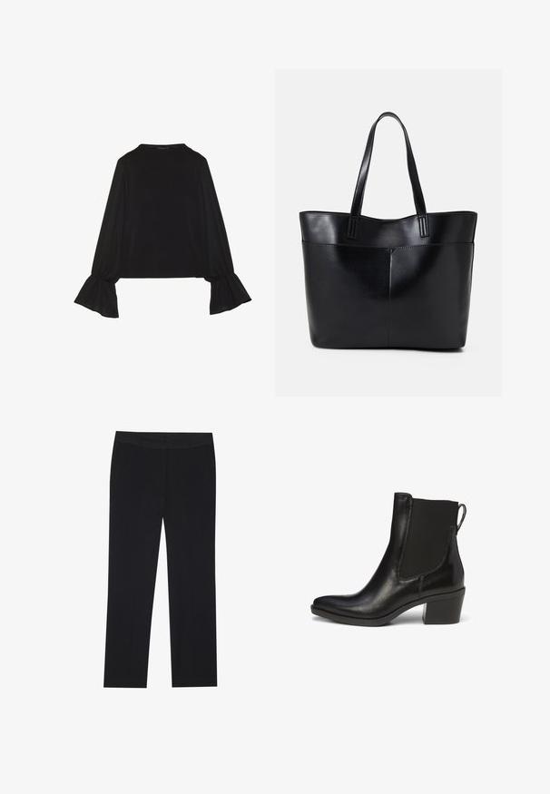 Zwarte langemouwen top met uitlopende manchetten, een zachte textuur en een relaxed fit, met een eenvoudige ronde halslijn.; Zwarte broek met een recht gesneden ontwerp, voorzien van zijzakken en een gladde stoftextuur. Minimaal detail, schoon tailleband.; Zwarte leren enkellaars met elastische zijpanelen, spitse neus en een blokhak. Voorzien van een lusje voor gemakkelijk aantrekken.; Zwarte leren tote bag met twee lange handvatten, een zachte textuur en een gestructureerde vorm. Voorzien van een voorvak voor extra opslagruimte.