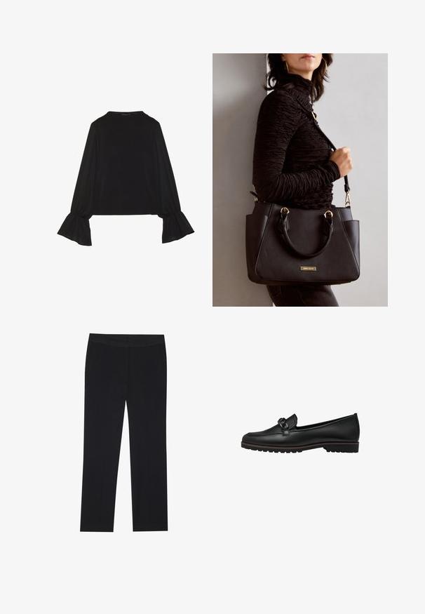 Black long-sleeve top featuring flared cuffs, soft texture, and a relaxed fit, with a simple round neckline.; Black trousers with a straight leg design, featuring side pockets and a smooth fabric texture. Minimal detailing, clean waistband.; Black leather loafers with a braided accent on the front, flat rubber sole, and stitched detailing along the edge.; Black handbag with textured surface, dual top handles, and adjustable shoulder strap. Features gold-tone hardware and side pockets.