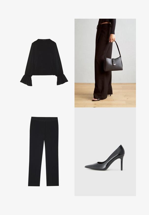 Melna garām piedurknēm krekls ar izplestu aproču, maigu tekstūru un brīvu piegriezumu, ar vienkāršu apaļu dekoltē.; Melni bikses ar taisnu kāju dizainu, ar sānu kabatām un gludu auduma tekstūru. Minimāla apdare, tīra jostasvieta.; Melna lakota ādas augstpapēžu kurpe ar smailu pirkstu un elegantu siluetu, aprīkota ar plānu stiletto papēdi un minimālisma dizainu.; Melnā somiņa ar strukturētu formu, gludu tekstūru un metālu sprādzi. Saskaņota ar platām melnām biksēm un sandālēm ar atvērtu purngalu uz koka grīdas.
