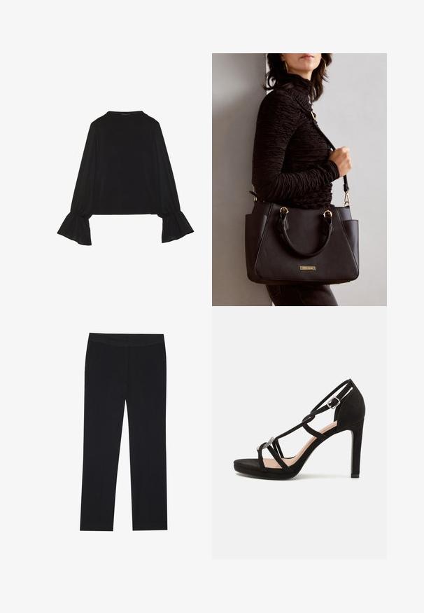 Juoda ilgomis rankovėmis palaidinė su išsiplėtusiais rankogaliais, minkšta tekstūra ir laisva forma, su paprastu apvaliu kaklu.; Juodos kelnės su tiesiu kirpimu, turinčios šonines kišenes ir lygią audinio tekstūrą. Minimaliai detalizuotos, švarus liemuo.; Juodų suedinių aukštakulnių sandalų su kryžminėmis juostelėmis, dekoratyviniu sidabro atspalviu ir platforminiu padu papildomai aukštai.; Juodas rankinės maišelis su struktūrizuota paviršiumi, dvigubais viršutiniais rankenėlėmis ir reguliuojamu peties diržu. Įrengtas aukso spalvos furnitūra ir šoninės kišenės.