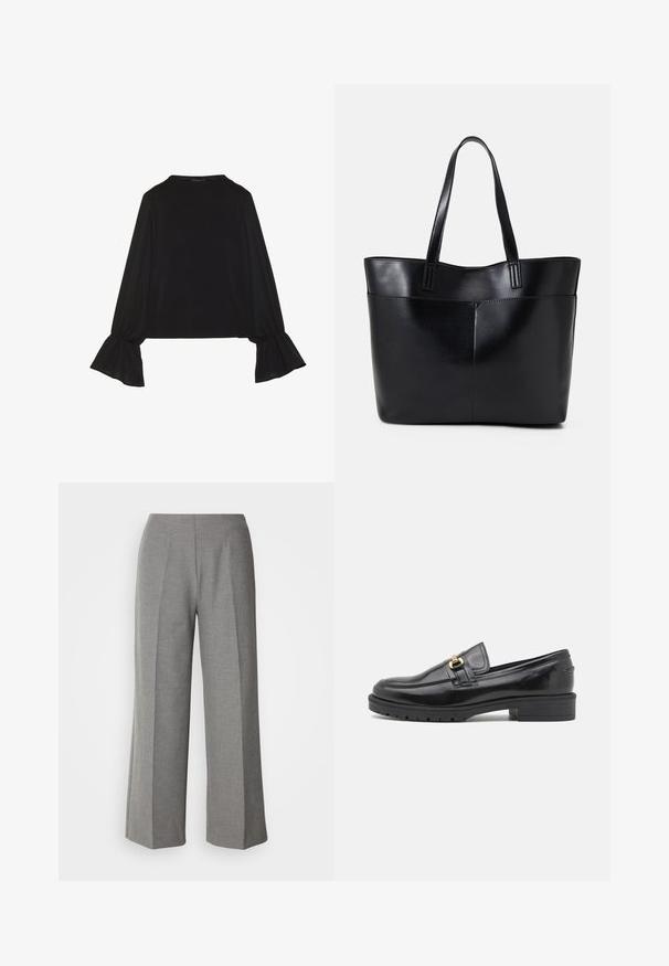Black long-sleeve top featuring flared cuffs, soft texture, and a relaxed fit, with a simple round neckline.; Gray tailored wide-leg pants with a smooth texture, featuring a flat front and crisp crease lines on each leg.; Black patent leather loafers with a rounded toe, gold hardware accent, textured rubber sole, and low block heel.; Black leather tote bag with two long handles, a smooth texture, and a structured shape. Features a front pocket for additional storage.