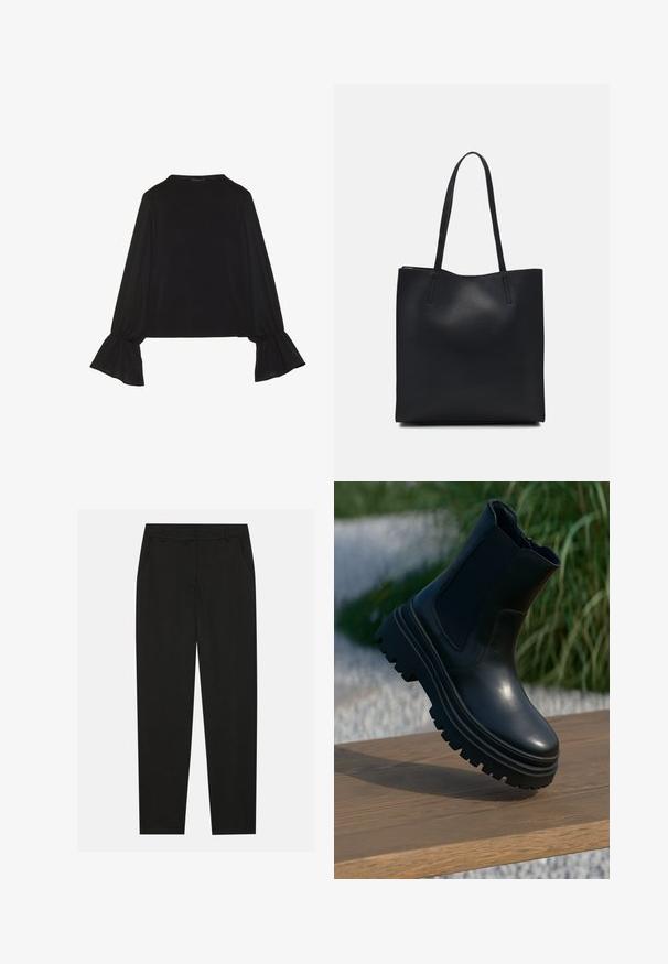 Black long-sleeve top featuring flared cuffs, soft texture, and a relaxed fit, with a simple round neckline.; Black trousers with a tailored design, featuring side pockets and a straight leg. Made from smooth, lightweight fabric with a sleek finish.; Black leather ankle boot with a chunky sole, elasticated side panels, and a smooth finish. Elevated design with contrasting tread detail.; Black leather tote bag with smooth texture, rectangular shape, and two long handles. No visible hardware or embellishments.