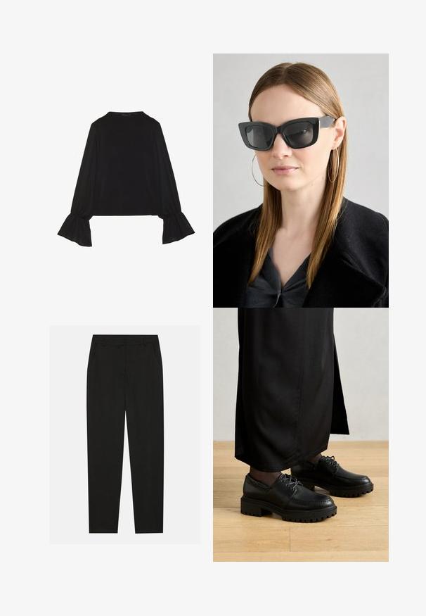 Top preto de mangas longas com punhos largos, textura suave e um corte descontraído, com um simples decote redondo.; Calças pretas com um design ajustado, apresentando bolsos laterais e pernas retas. Feitas de um tecido suave e leve com um acabamento elegante.; Sapatos de couro pretos com bico arredondado, sola de borracha espessa e atacadores. O design apresenta costura decorativa ao longo da parte superior.; Óculos de sol pretos em formato de gato com lentes escuras, armações grossas e acentos subtis. Usados com um casaco preto e uma blusa cinza, apresentando cabelo longo e liso.