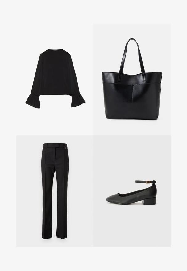 Top negru cu mânecă lungă, cu mansete evazate, textură moale și croială lejeră, având un guler rotund simplu.; Pantaloni negri, croiți, cu un design drept, având un brâu cu închidere buton și slits laterale la tiv.; Pantof cu toc negru din piele, cu vârf ascuțit și toc mic pătrat. Dispune de o curea la gleznă cu o cataramă în tonuri de aur. Textură netedă.; Geantă oversized din piele neagră, cu două mânere lungi, de textură netedă și formă structurată. Are un buzunar frontal pentru stocare suplimentară.