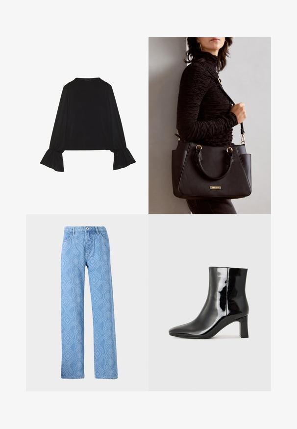Top preto de mangas longas com punhos largos, textura suave e um corte descontraído, com um simples decote redondo.; Jeans de ganga azul claro com um padrão texturizado de impressão de cobra, design de perna reta, cinco bolsos e fecho de botão de metal.; Botim de tornozelo em pele sintética preta com bico apontado e salto bloco de altura média. Textura suave e design minimalista.; Bolsa preta com superfície texturizada, alças superiores duplas e alça de ombro ajustável. Apresenta ferragens em tom dourado e bolsos laterais.