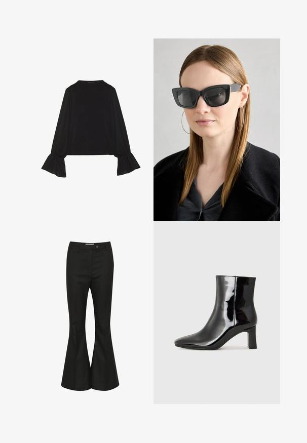 Melna garām piedurknēm krekls ar izplestu aproču, maigu tekstūru un brīvu piegriezumu, ar vienkāršu apaļu dekoltē.; Melni paplašinātie bikses, kas izgatavotas no gludas auduma, ar augstu vidukli, priekšējo pogu aizdari un elegantu, pielāgotu dizainu.; Melnas patentētas ādas potīšu zābaki ar norādītu pirkstu un vidēja augstuma kvadrātveida papēdi. Gluda tekstūra un minimālisma dizains.; Melna kaķa acs saulesbrilles ar tumšiem objektīviem, bieziem rāmjiem un smalkiem akcentiem. Valkātas ar melnu mēteļi un pelēku augšu, ar garām taisnām matiem.