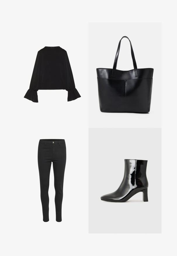 Top negru cu mânecă lungă, cu mansete evazate, textură moale și croială lejeră, având un guler rotund simplu.; Jeans negri skinny cu o textură de material neted, având închidere cu nasture în față, cinci buzunare și un design ajustat.; Botine negre din piele lacuită, cu vârful ascuțit și toc bloc de înălțime medie. Textură netedă și design minimalist.; Geantă oversized din piele neagră, cu două mânere lungi, de textură netedă și formă structurată. Are un buzunar frontal pentru stocare suplimentară.