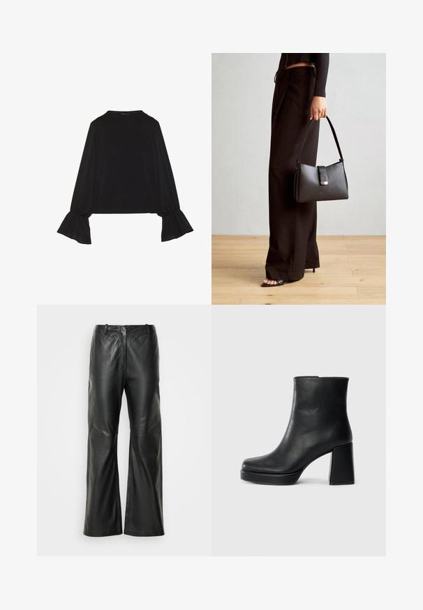 Black long-sleeve top featuring flared cuffs, soft texture, and a relaxed fit, with a simple round neckline.; Black leather wide-leg pants with a smooth texture, featuring a mid-rise waistband and minimal stitching detail on the front.; Black leather ankle boot with a block heel and platform sole, viewed from the side on a plain white background.; Black handbag with structured shape, smooth texture, and a metallic clasp. Paired with wide black pants and open-toe sandals on wooden floor.