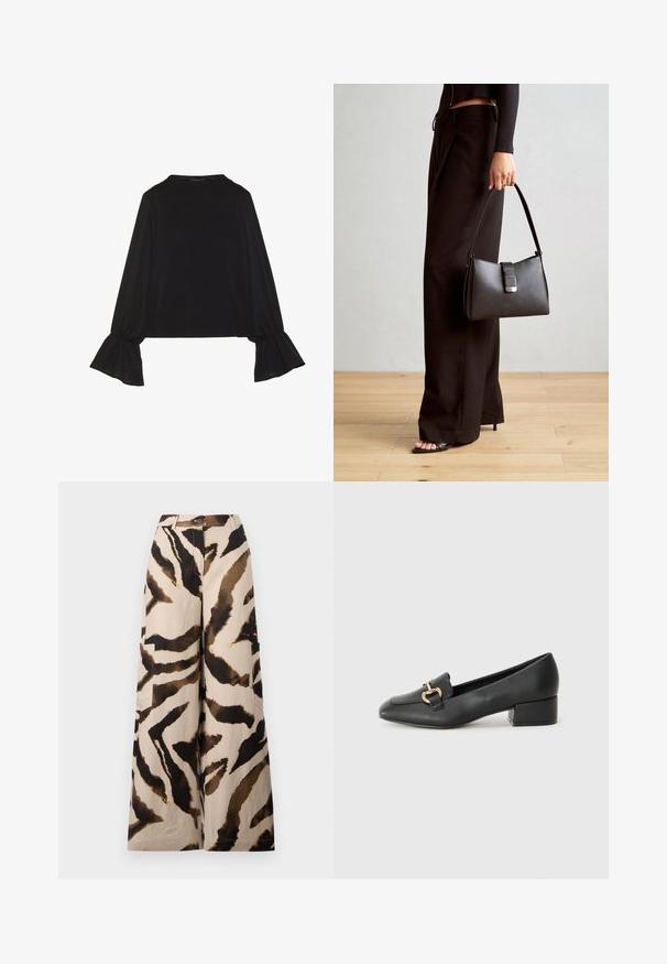 Top noir à manches longues avec des poignets évasés, texture douce et coupe décontractée, doté d'un col rond simple.; Pantalons larges en tissu léger, avec une base beige ornée d'un motif rayé de tigre marron et noir, et des poches latérales.; Mocassins en cuir noir avec un talon plat, présentant un détail décoratif en métal doré à l'avant et une texture lisse.; Sac à main noir à la forme structurée, texture lisse et fermoir métallique. Associé à un pantalon noir ample et des sandales ouvertes sur un sol en bois.