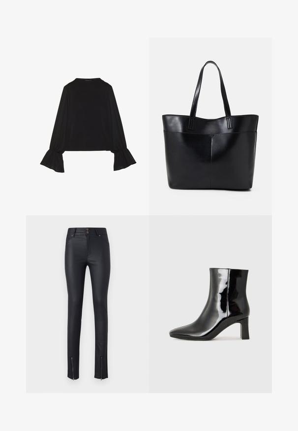 Top negru cu mânecă lungă, cu mansete evazate, textură moale și croială lejeră, având un guler rotund simplu.; Pantaloni skinny din piele ecologică negri, cu două buzunare frontale, închidere cu două butoane și fermoare la glezne pentru o ajustare ușoară. Textură netedă pe toată suprafața.; Botine negre din piele lacuită, cu vârful ascuțit și toc bloc de înălțime medie. Textură netedă și design minimalist.; Geantă oversized din piele neagră, cu două mânere lungi, de textură netedă și formă structurată. Are un buzunar frontal pentru stocare suplimentară.