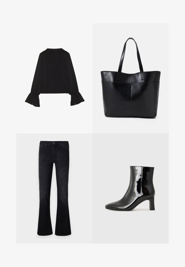 Fekete, hosszú ujjú felső, harang alakú mandzsettákkal, puha textúrával és laza szabással, egyszerű, kerek nyakkivágással.; Fekete, bővülő farmernadrág, közepes derékfekvéssel, elől díszítésekkel és klasszikus öt zsebes dizájnnal.; Fekete lakk bőrcipő bokáig érő, hegyes orral és közepes magasságú tömbsarokkal. Simább textúrával és minimalista dizájnnal rendelkezik.; Fekete bőr bevásárlótáska két hosszú fogantyúval, sima felülettel és strukturált formával. Elülső zseb található rajta a plusz tárolás érdekében.