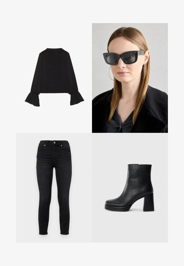 Top preto de mangas longas com punhos largos, textura suave e um corte descontraído, com um simples decote redondo.; Calças skinny pretas feitas de denim, com uma cintura alta, bolsos frontais e uma bainha desfiada. Textura suave com um design clássico de cinco bolsos.; Bota de couro preta até ao tornozelo com salto bloco e sola com plataforma, vista de lado sobre um fundo branco liso.; Óculos de sol pretos em formato de gato com lentes escuras, armações grossas e acentos subtis. Usados com um casaco preto e uma blusa cinza, apresentando cabelo longo e liso.
