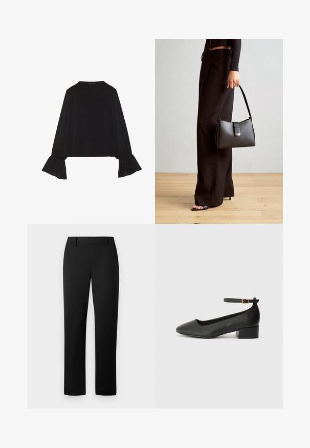 Fekete, hosszú ujjú felső, harang alakú mandzsettákkal, puha textúrával és laza szabással, egyszerű, kerek nyakkivágással.; Fekete nadrág egyenes lábbal, sima anyagból készült, szabott derékrésszel és elülső zsebekkel.; Fekete bőr magassarkú cipő hegyes orral és alacsony tömb sarkal. Bokapánttal rendelkezik, aranyszínű csattal. Simább textúra.; Fekete kézi táska strukturált formával, sima textúrával és fémből készült záródással. Széles fekete nadrággal és nyitott orrú szandállal párosítva, fából készült padlón.