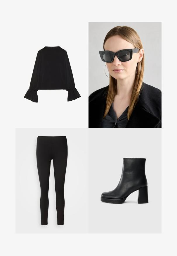 Top negro de manga larga con puños acampanados, textura suave y un ajuste relajado, con un sencillo cuello redondo.; Leggings negras hechas de tela elástica con una cinturilla sin costuras, diseño ajustado y textura suave, adecuadas para diversas actividades.; Botín de cuero negro con tacón cuadrado y suela de plataforma, visto de lado sobre un fondo blanco liso.; Gafas de sol de gato negro con lentes oscuros, montura gruesa y acentos sutiles. Llevadas con un abrigo negro y una blusa gris, presentando cabello largo y liso.
