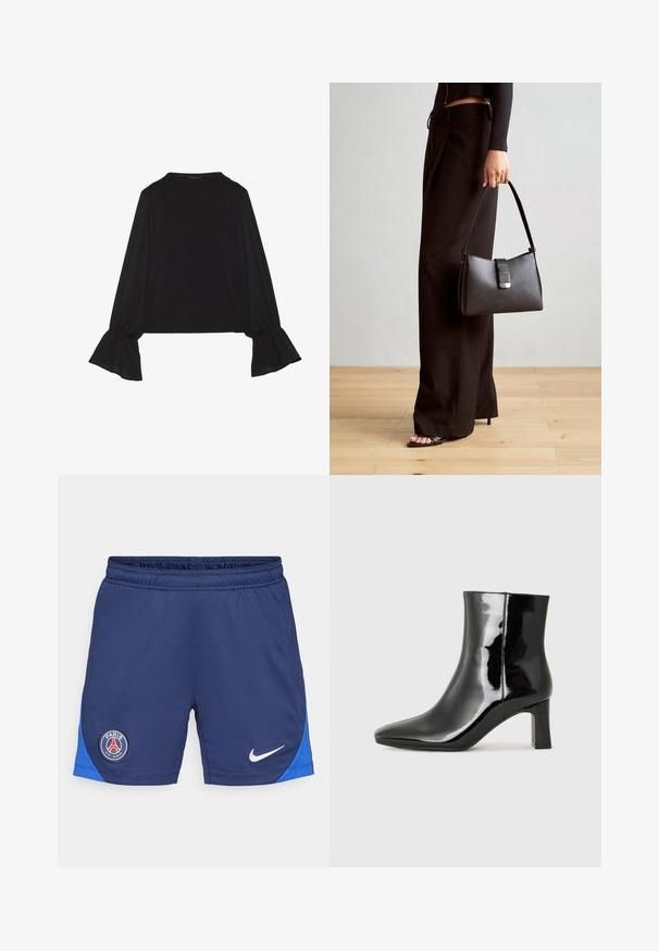 Black long-sleeve top featuring flared cuffs, soft texture, and a relaxed fit, with a simple round neckline.; Navy blue athletic shorts featuring an elastic waistband, side panel in blue, Nike logo in white, and a round PSG logo on the left thigh.; Black patent leather ankle boot with a pointed toe and a mid-height block heel. Smooth texture and minimalist design.; Black handbag with structured shape, smooth texture, and a metallic clasp. Paired with wide black pants and open-toe sandals on wooden floor.