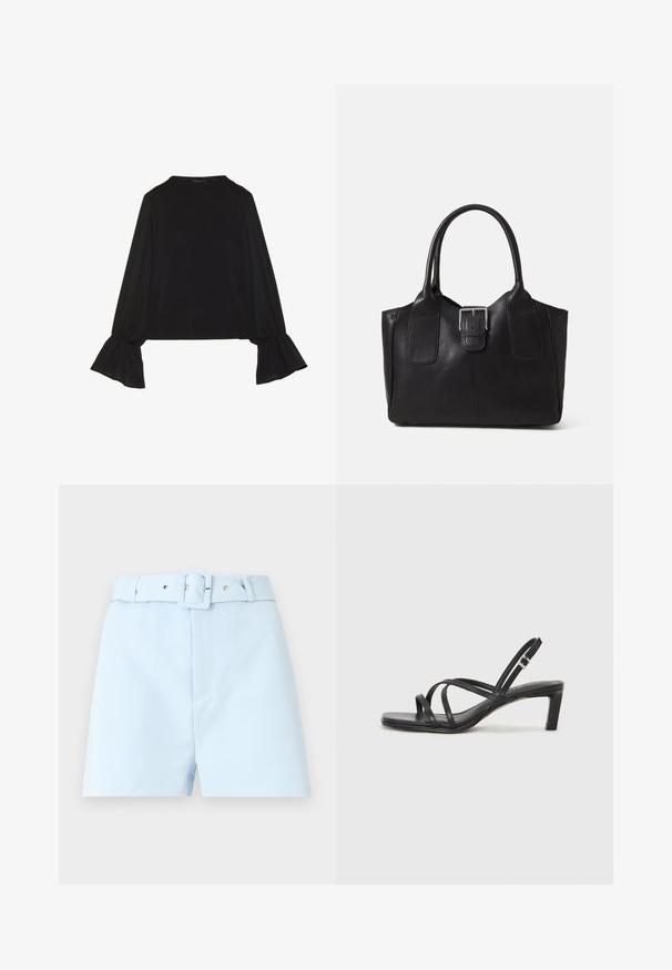 Fekete, hosszú ujjú felső, harang alakú mandzsettákkal, puha textúrával és laza szabással, egyszerű, kerek nyakkivágással.; Világoskék rövidnadrág övvel, négyzet alakú csattal és fémszálak díszítésével. Sima anyag, testreszabott szabás és plissélt elülső rész.; Fekete pántos szandál négyzetes orral és alacsony blokk sarkal. Több vékony pánttal és állítható boka pánttal rendelkezik. Sima bőrből készült.; Fekete bőr bevásárlótáska sima textúrával, strukturált formával, két fogantyúval és egy figyelemfelkeltő ezüst csattal az elején.