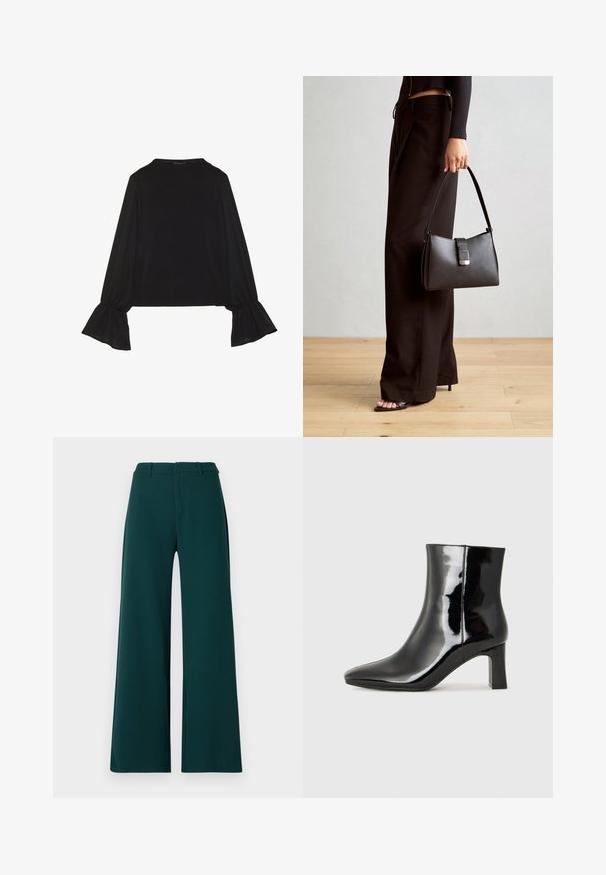 Crna majica dugih rukava s proširenim manžetama, mekanim materijalom i opuštenim krojem, s jednostavnim okruglim izrezom.; Hlače širokih nogavica u tamnozelenoj tkanini. Imaju visoki struk, prednje nabore i petlje za remen. Glatka tekstura i prilagođeni dizajn.; Crne lakirane kožne gležnjače s šiljastim prstom i srednje visokom blok petom. Glatka tekstura i minimalistički dizajn.; Crna torba s oblikom koji sadrži strukturu, glađu teksturu i metalnu kopču. Uparena s širokim crnim hlačama i sandalama na otvorenom s drvenog poda.