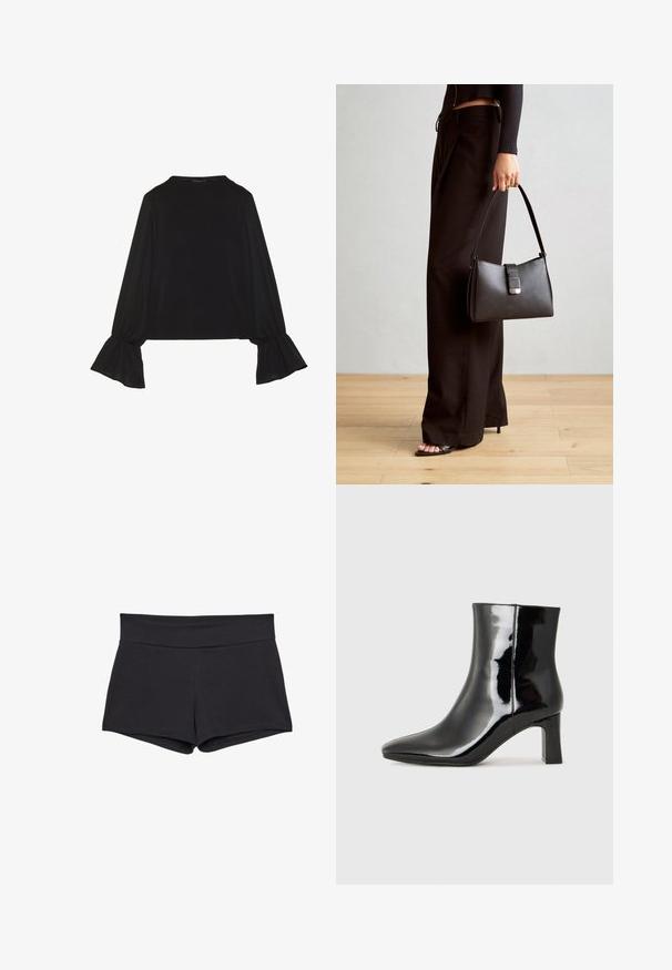 Sort langærmet top med flagrende manchetter, blød tekstur og en afslappet pasform, samt en enkel rund halsudskæring.; Sorte, tætsiddende shorts med en bred linning, lavet af et blødt, strækbart stof. Kanten er glat uden synlige lukninger eller mønstre.; Sort lakeret ankelstøvle med spids tå og en midt-højde blokhæl. Glat tekstur og minimalistisk design.; Sort håndtaske med struktureret form, glat overflade og metalspænde. Sammen med brede sorte bukser og sandaler med åben tå på trægulv.