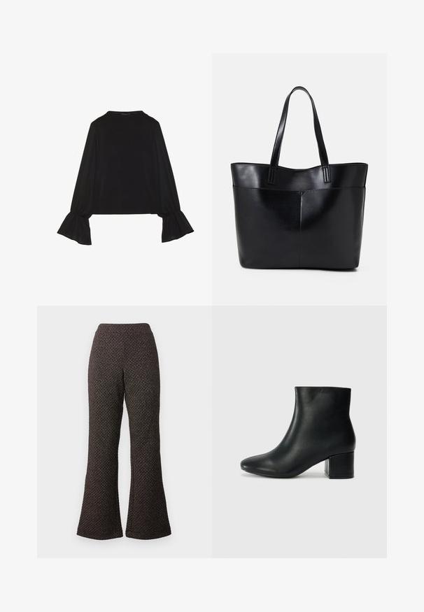 Black long-sleeve top featuring flared cuffs, soft texture, and a relaxed fit, with a simple round neckline.; Flared black pants made of textured fabric with a patterned weave, featuring a high waistband and wide legs.; Black leather ankle boots with a pointed toe and a chunky heel. Smooth texture with minimal accents and a sleek, fitted design.; Black leather tote bag with two long handles, a smooth texture, and a structured shape. Features a front pocket for additional storage.