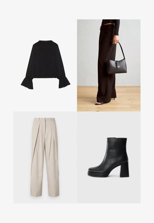 Juoda ilgomis rankovėmis palaidinė su išsiplėtusiais rankogaliais, minkšta tekstūra ir laisva forma, su paprastu apvaliu kaklu.; Smėlio spalvos pritaikyti kelnių su raukšlėtu priekiu, plačiomis kojomis ir glotnia tekstūra. Yra klasikinis juosmuo ir šoninės kišenės.; Juodas odinis kulkšninis botas su bloku ir platformos padu, matomas šoniniu vaizdu ant balto fono.; Juodas rankinė struktūrizuota forma, lygi tekstūra ir metalinis užsegimas. Suporuota su plačiomis juodomis kelnėmis ir atvirais bateliais ant medinių grindų.