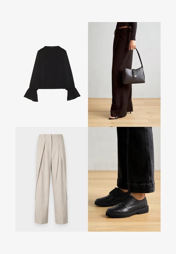 Maglietta nera a maniche lunghe con polsini svasati, texture morbida e vestibilità rilassata, con un semplice collo rotondo.; Pantaloni beige su misura con frontale plissettato, gambe ampie e una texture liscia. Presentano un classico stato in vita e tasche laterali.; Scarpe in pelle nera stringate con una texture liscia, punta rotonda e suola in gomma spessa, abbinate a jeans scuri cropped.; Borsa nera con forma strutturata, texture liscia e una chiusura metallica. Abbinata a pantaloni neri larghi e sandali open-toe su un pavimento in legno.