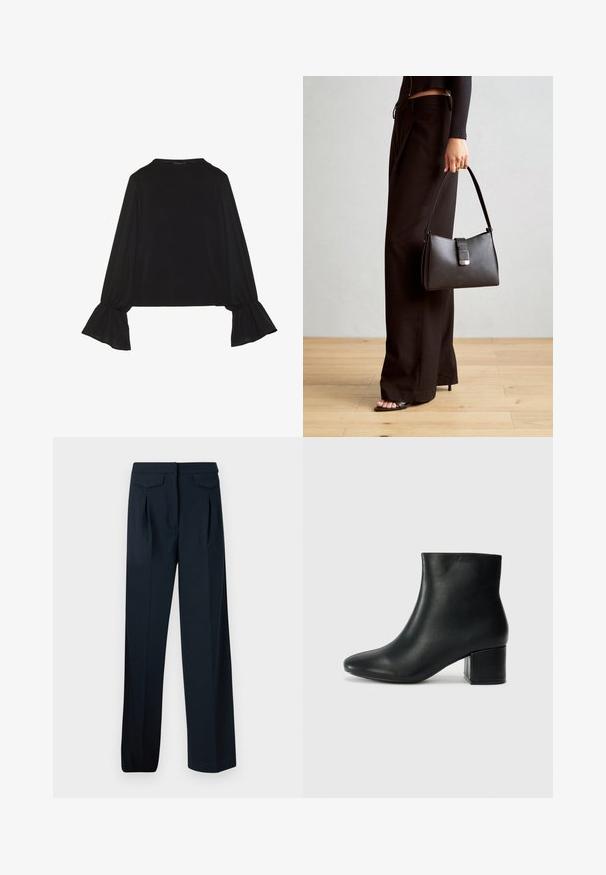 Čierny top s dlhými rukávmi, flitrovanými manžetami, mäkkou textúrou a voľným strihom, s jednoduchým okrúhlym výstrihom.; Námornícky modré nohavice s upraveným strihom, dvoma prednými záhybmi a dvoma zadnými vreckami. Vyrobené z hladkej látky s rovnými nohavicami.; Čierne kožené členkové čižmy s špicatou špičkou a hrubým podpätkom. Hladká textúra s minimálnymi akcentmi a elegantným, priliehavým dizajnom.; Čierna kabelka so štruktúrovaným tvarom, hladkou textúrou a kovovou sponou. V kombinácii so širokými čiernymi nohavicami a sandálmi s otvorenou špičkou na drevenej podlahe.